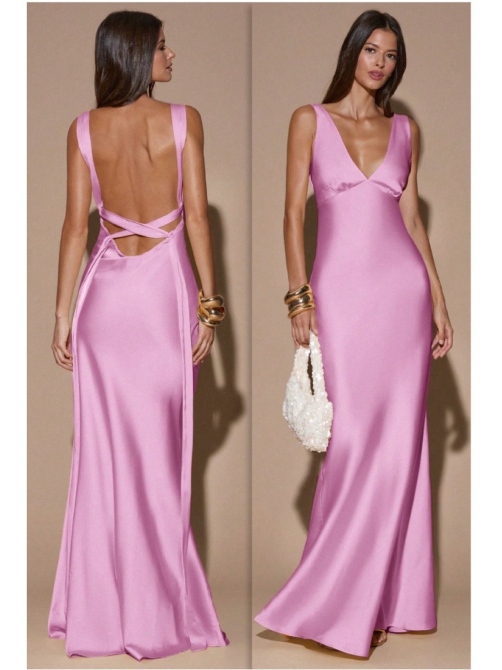Bubblegum Pink Satin Maxi Dress Criss Cross Back Ties